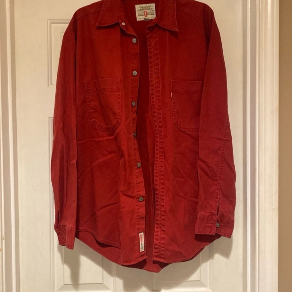 Vintage Levi's Red Tab Shirt Mens Med Red Button Up Long Sleeves Casual 90s Y2K